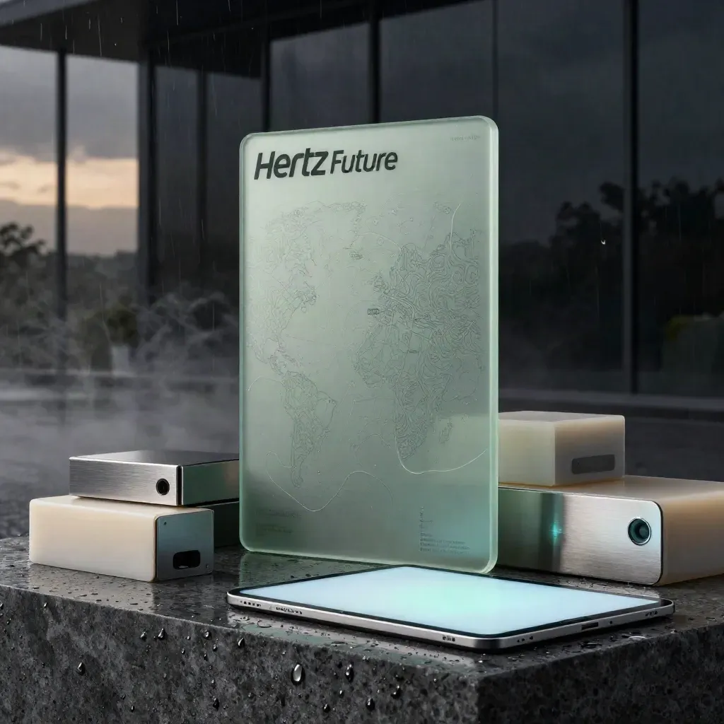 Translucent roadmap panels, prototype shells, and a glowing tablet in a rainy dawn atrium.
