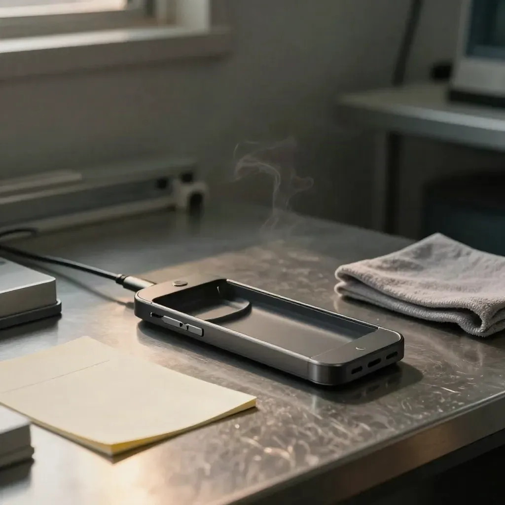 Half-open prototype handset with gaskets and charging base on a lab bench
