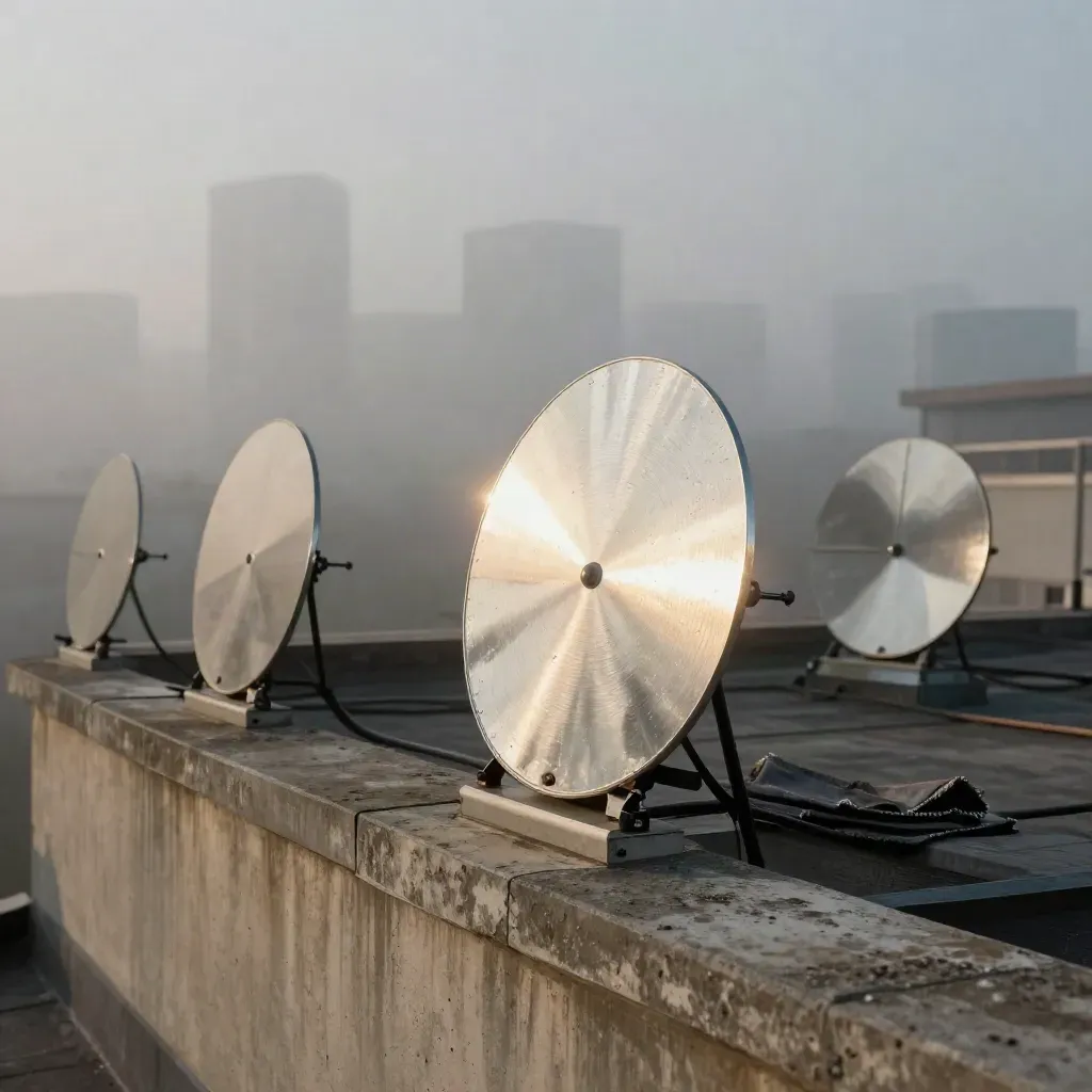 Foggy rooftop signal discs and fabric samples on a concrete parapet, lit by first side light