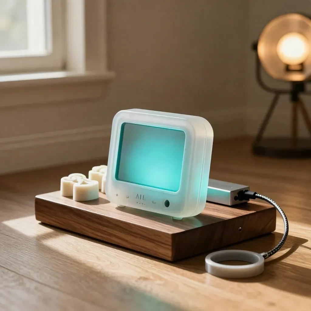 Translucent prototype on a plinth with foam form studies and a cyan glow in a cozy studio corner.