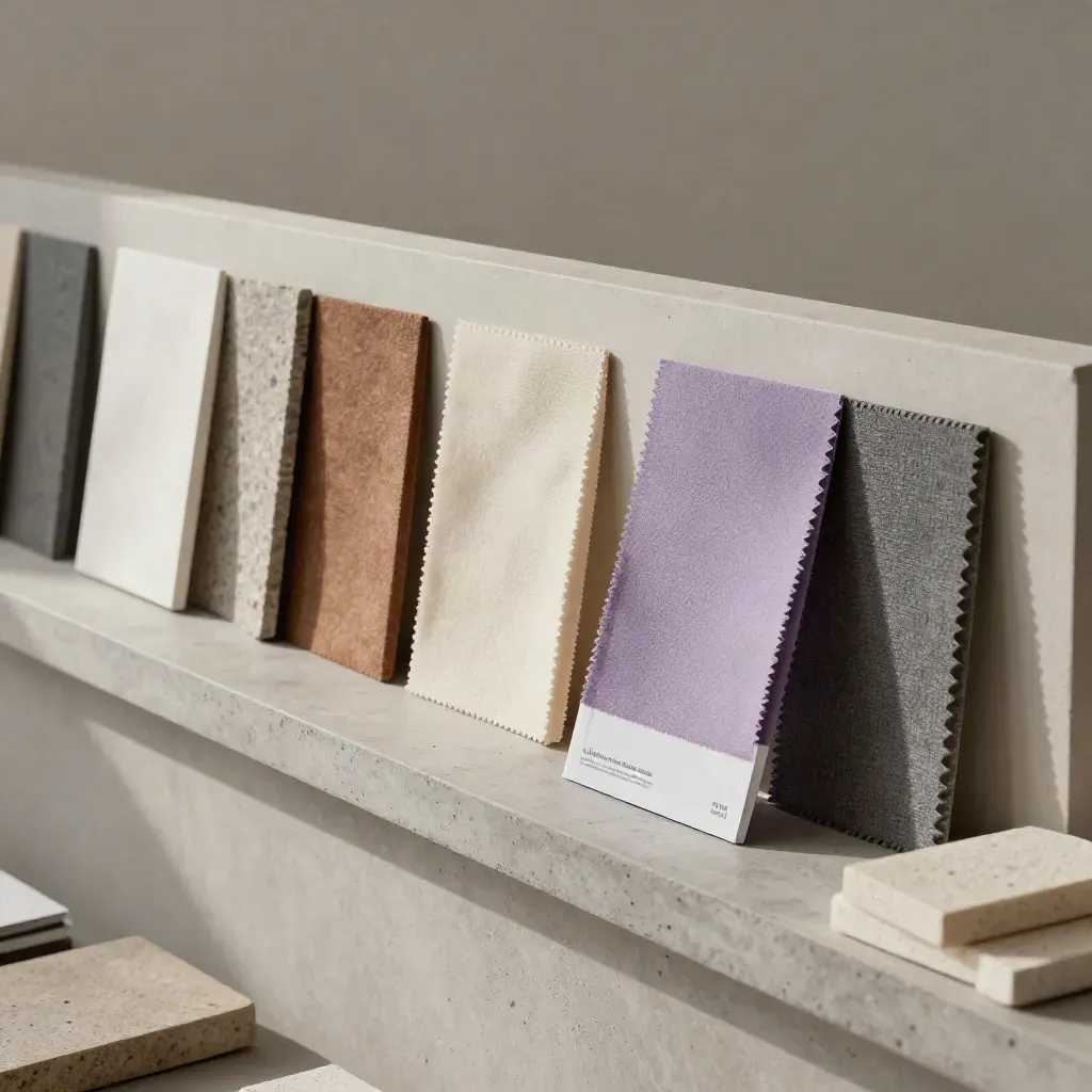 Clipped foam mockups, fabric swatches, and a leaning packaging sample on a planning wall