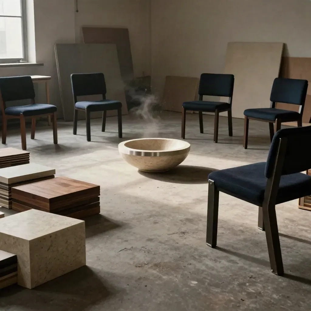 Workshop circle of chairs, sample blocks and a stone bowl on a studio floor under warm light.