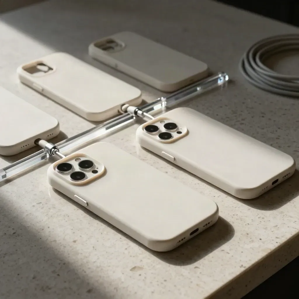 Overhead of phone-shell prototypes, acrylic guides and cable loops on travertine