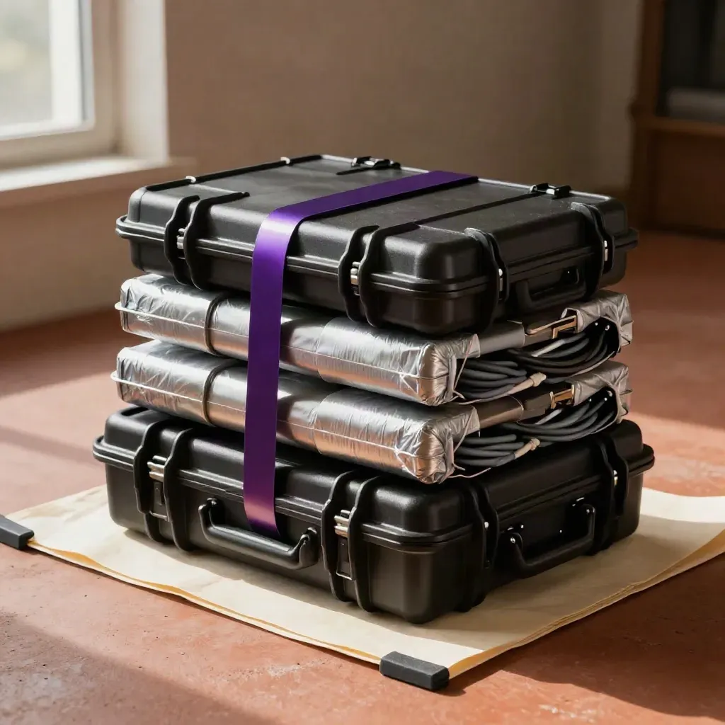 Stacked launch cases, sealed test units and cable coils in warm studio light.