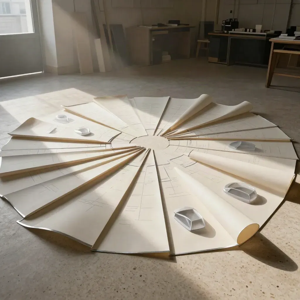 Floor-spread launch map with route markers, prototype shells, and paper panels in hazy studio light.