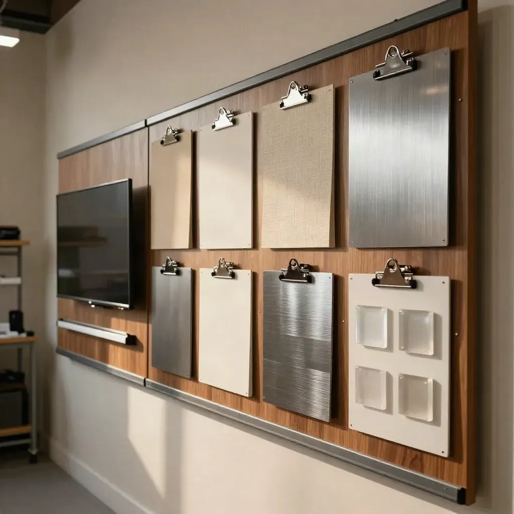 Strategy wall of clipped concept boards, swatches, and a turned-away screen in studio haze.