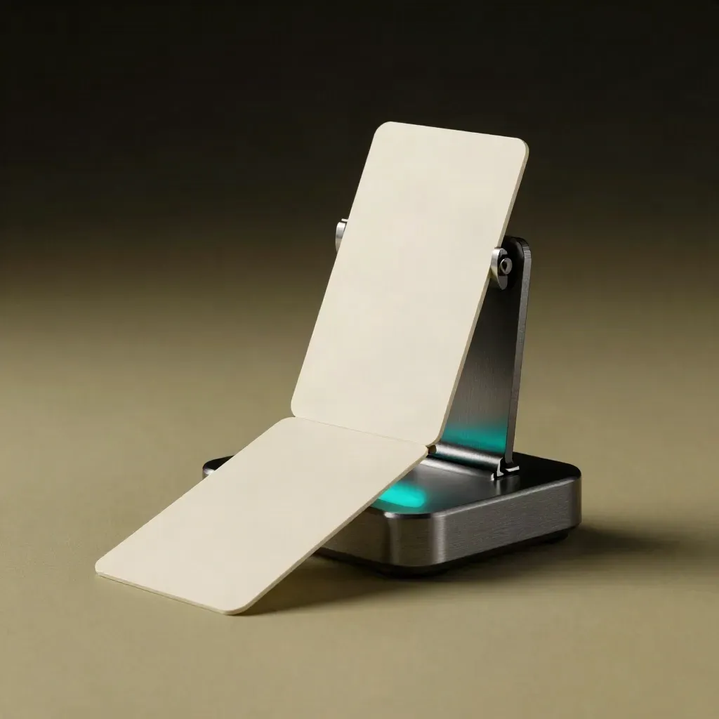Prototype demo rig with sliding cue cards and cyan glow on a khaki surface.