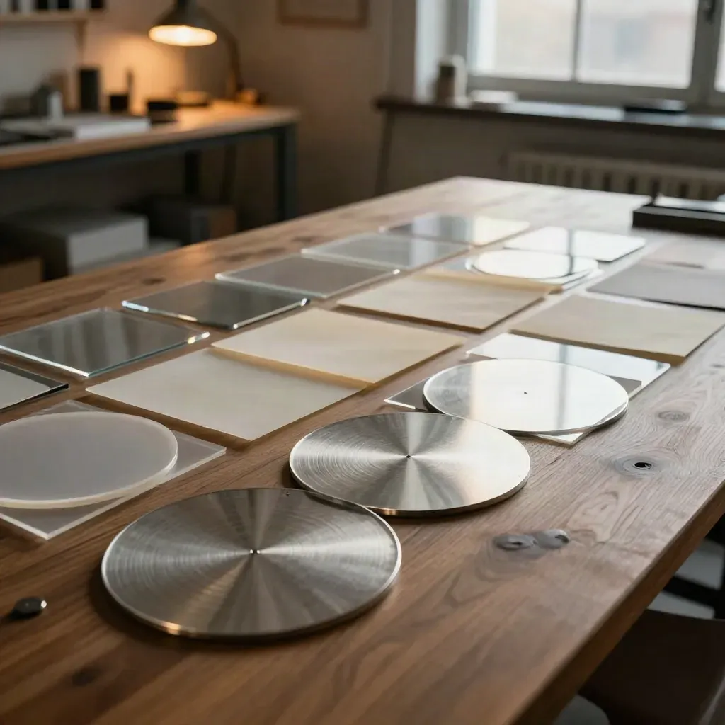 Silver discs and translucent sheets overlapping on a warm workshop table in soft afternoon light.