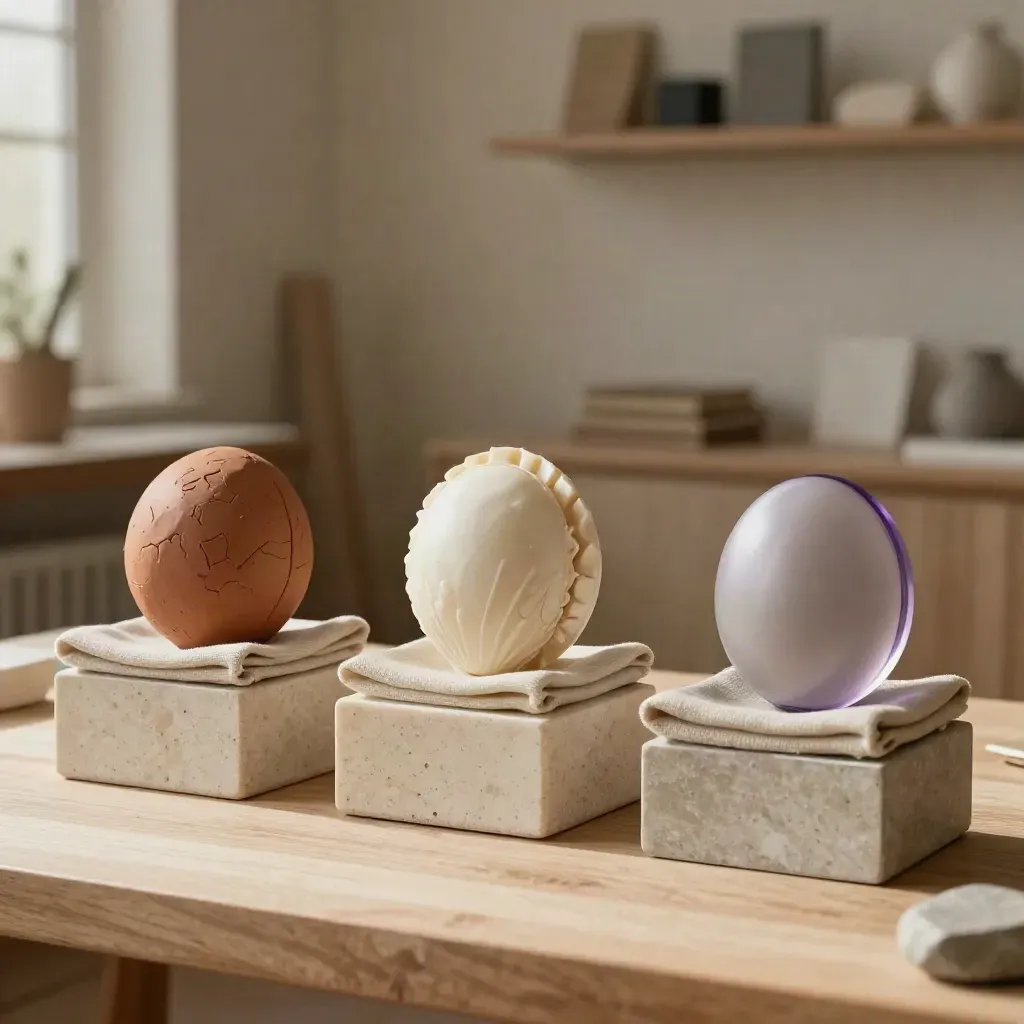 Three concept maquettes on plinths in a sunlit innovation studio, from rough to refined.