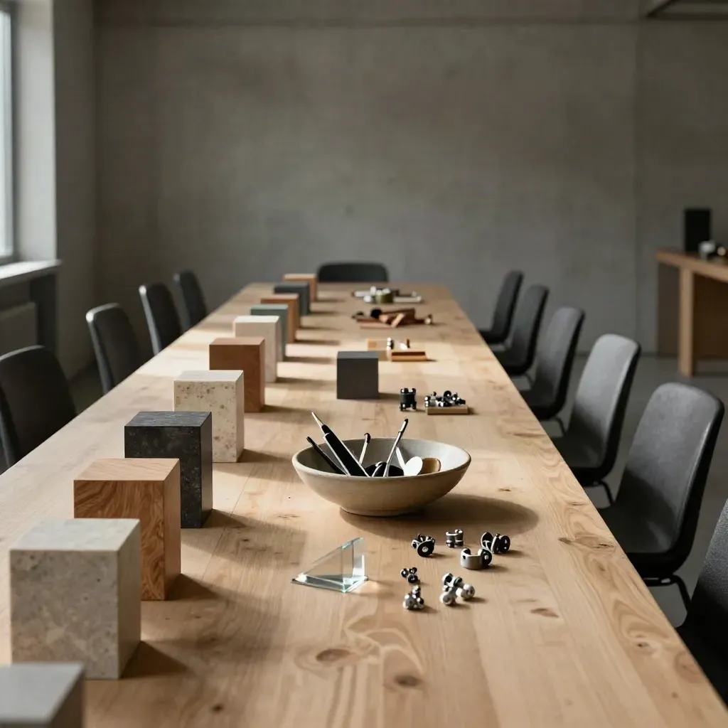 Quiet innovation workshop with stacked sample blocks, aligned chairs and a central bowl of tools.