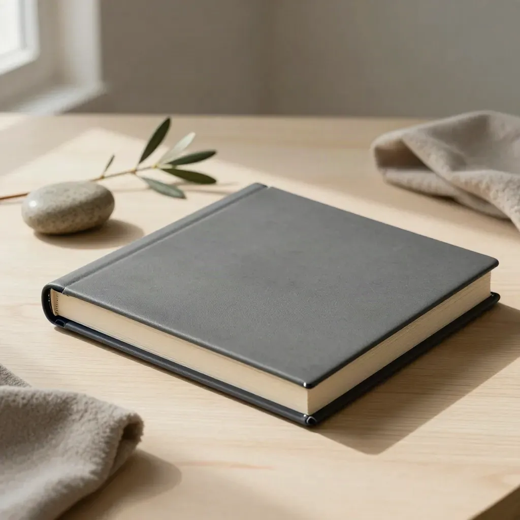 Matte strategy binder partly open with stone paperweight, olive sprig and wool cloth on pale wood