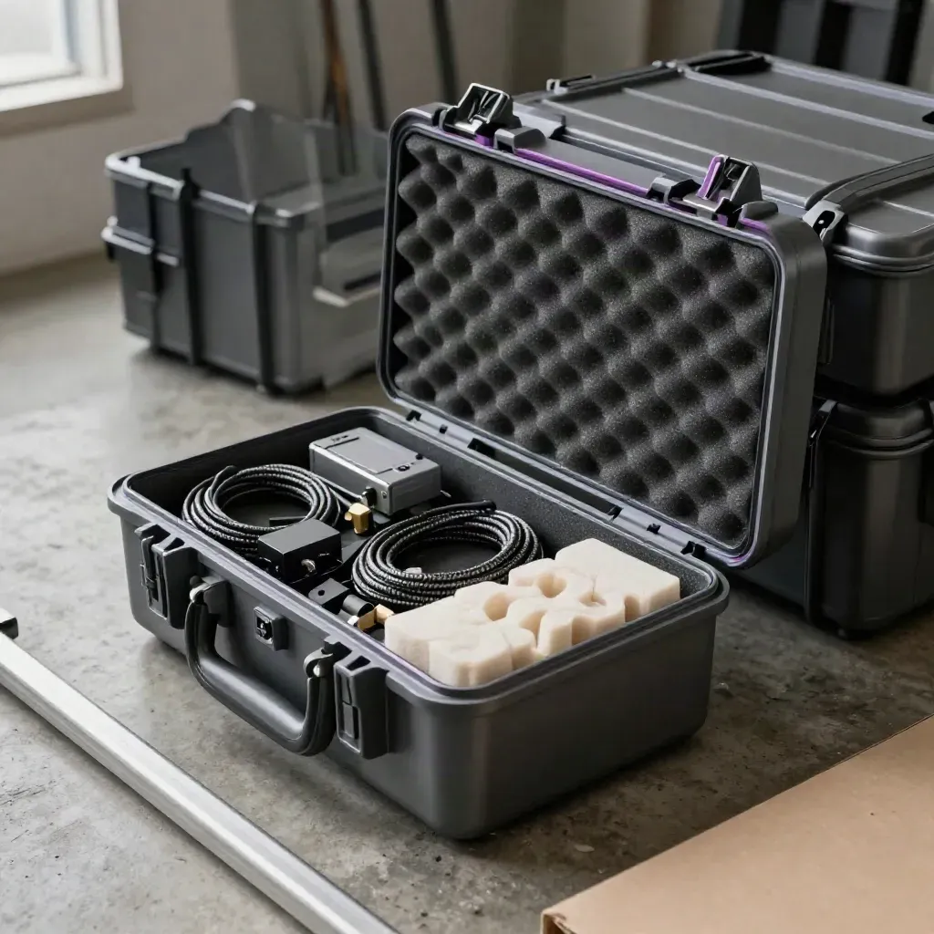 Open launch kit case snapping shut beside test units, cable coils, and foam in a moody studio.