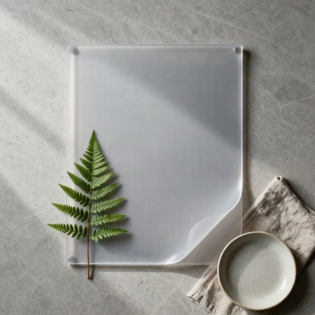 Overhead flatlay of roadmap grid sheet, fern sprig, linen cloth and ceramic dish on pale stone.