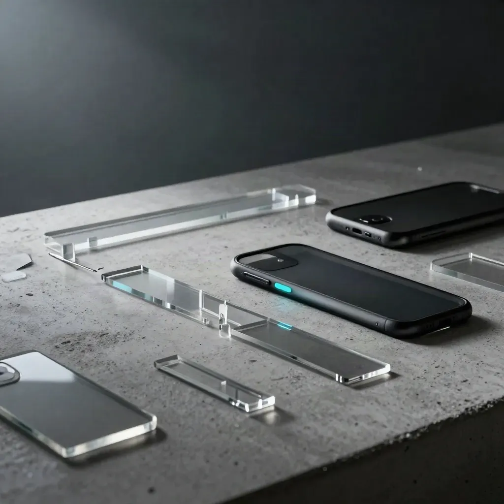 Extreme macro of clear acrylic UX flow guides and route markers on a concrete workbench