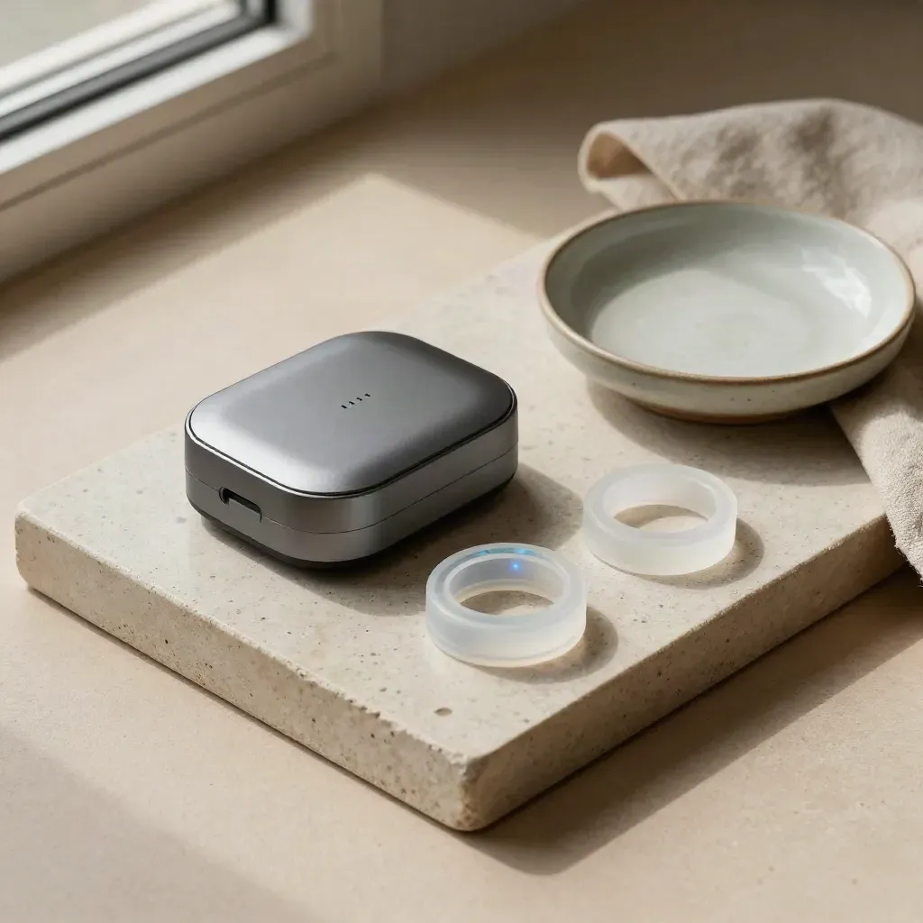 Prototype shell, silicone parts, ceramic dish and linen cloth on a stone tray