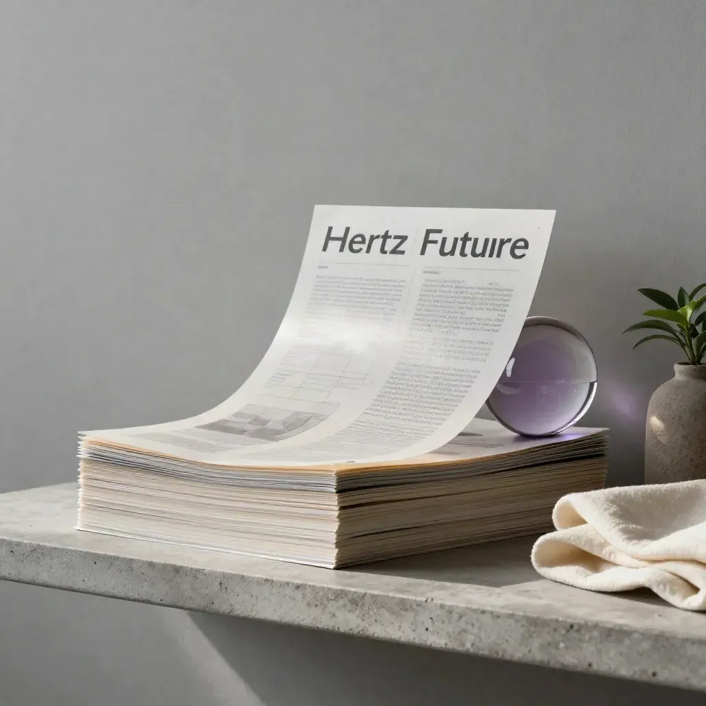 Vellum trend sheets, glass orb, cream cloth and small plant on a concrete shelf.